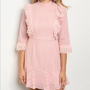 The Clothing Company High Neck Eyelet Lace Ruffle Dress L Pastel Pink NWT $44
